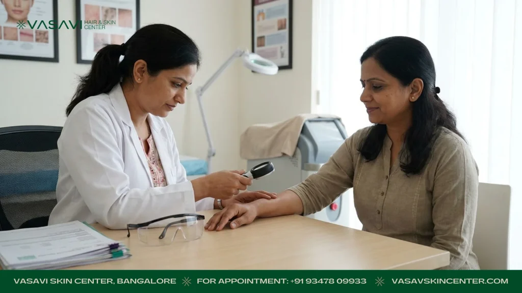 Dermatologist checking skin type before laser hair removal for Indian skin